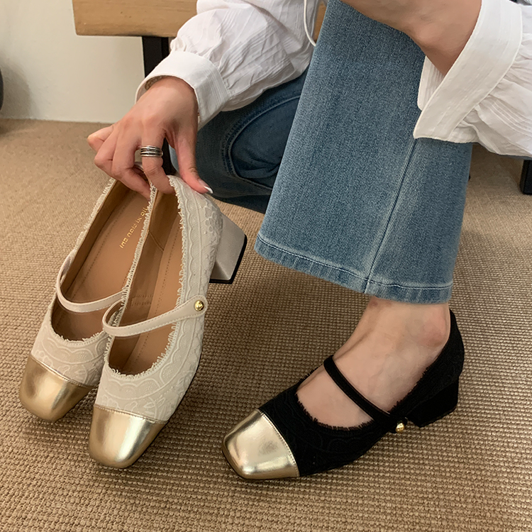 魔术贴法式浅口小香风单鞋女2025新款配裙子拼色粗跟玛丽珍通勤鞋