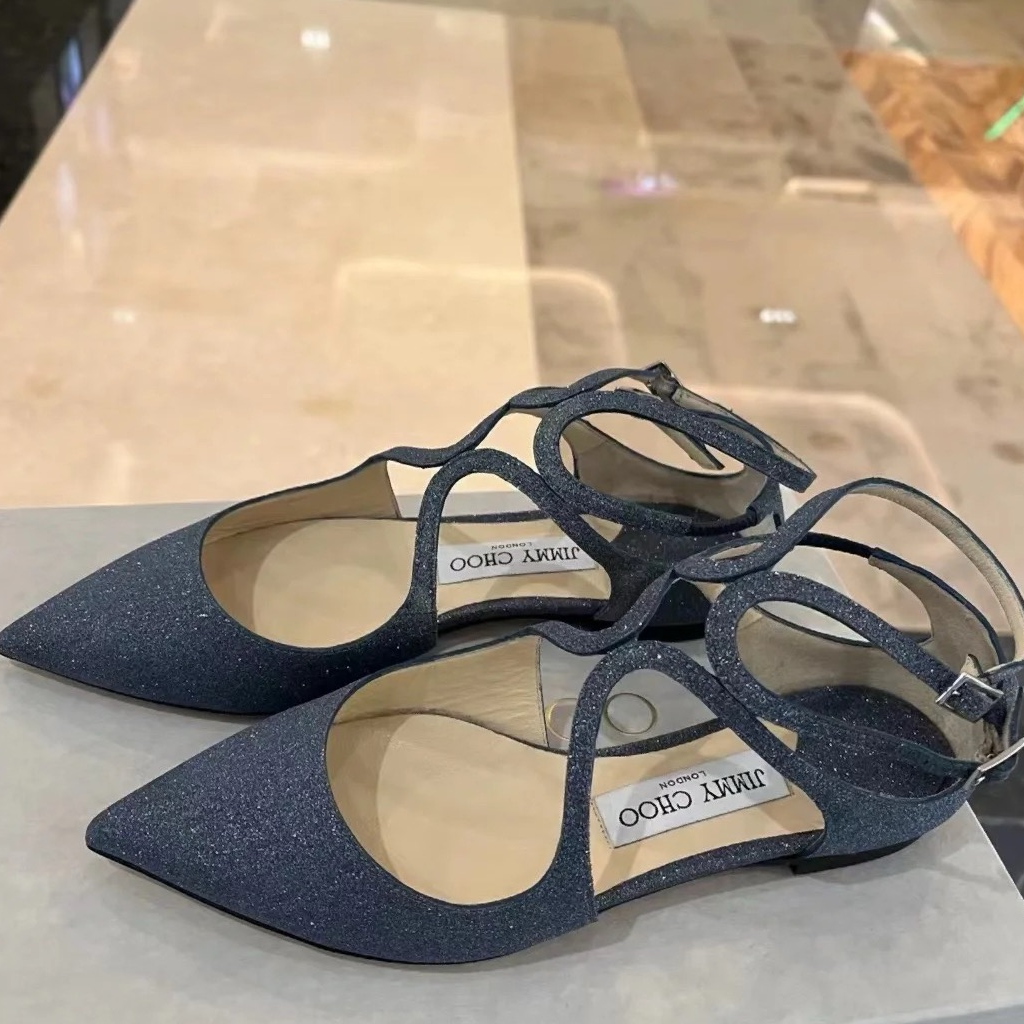 99新 JIMMY CHOO/吉米周 蔚蓝/交叉细闪尖头平底鞋 35.5码