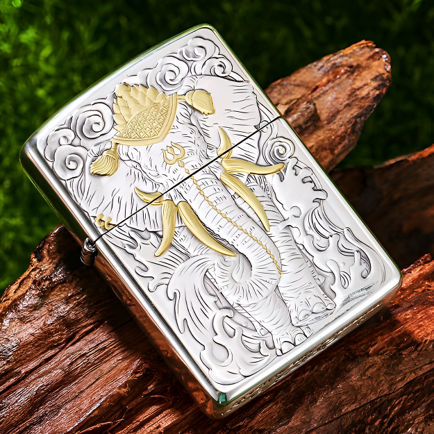Zippo打火机正品 六牙神象包银鎏金盔甲双面3D浮雕送男友礼物DYJ1