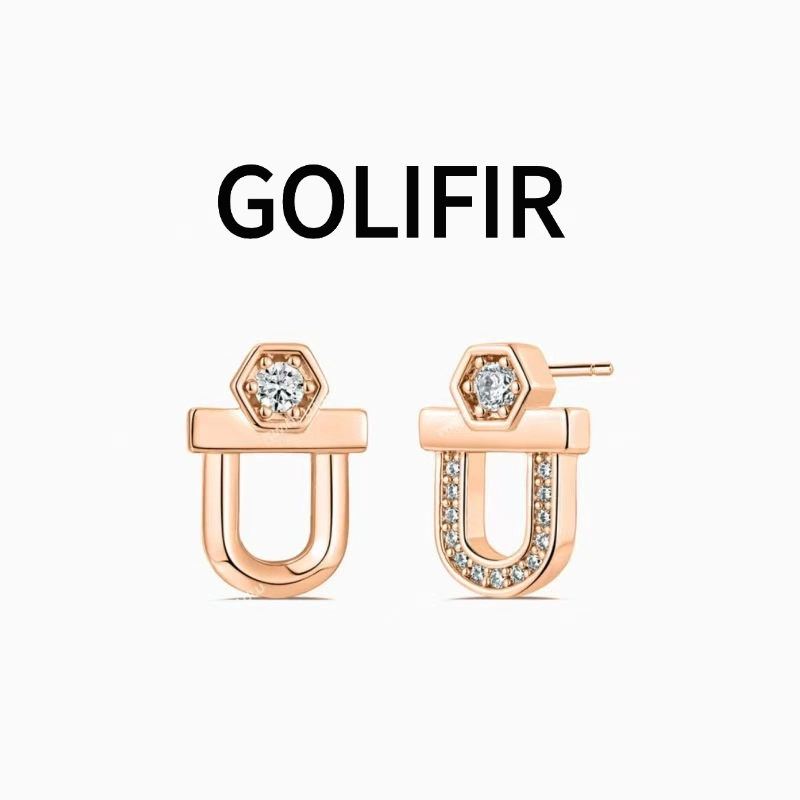 铜合金合成锆石耳饰 【GOLIFIR】六角钻饰U形玫瑰金耳钉R164