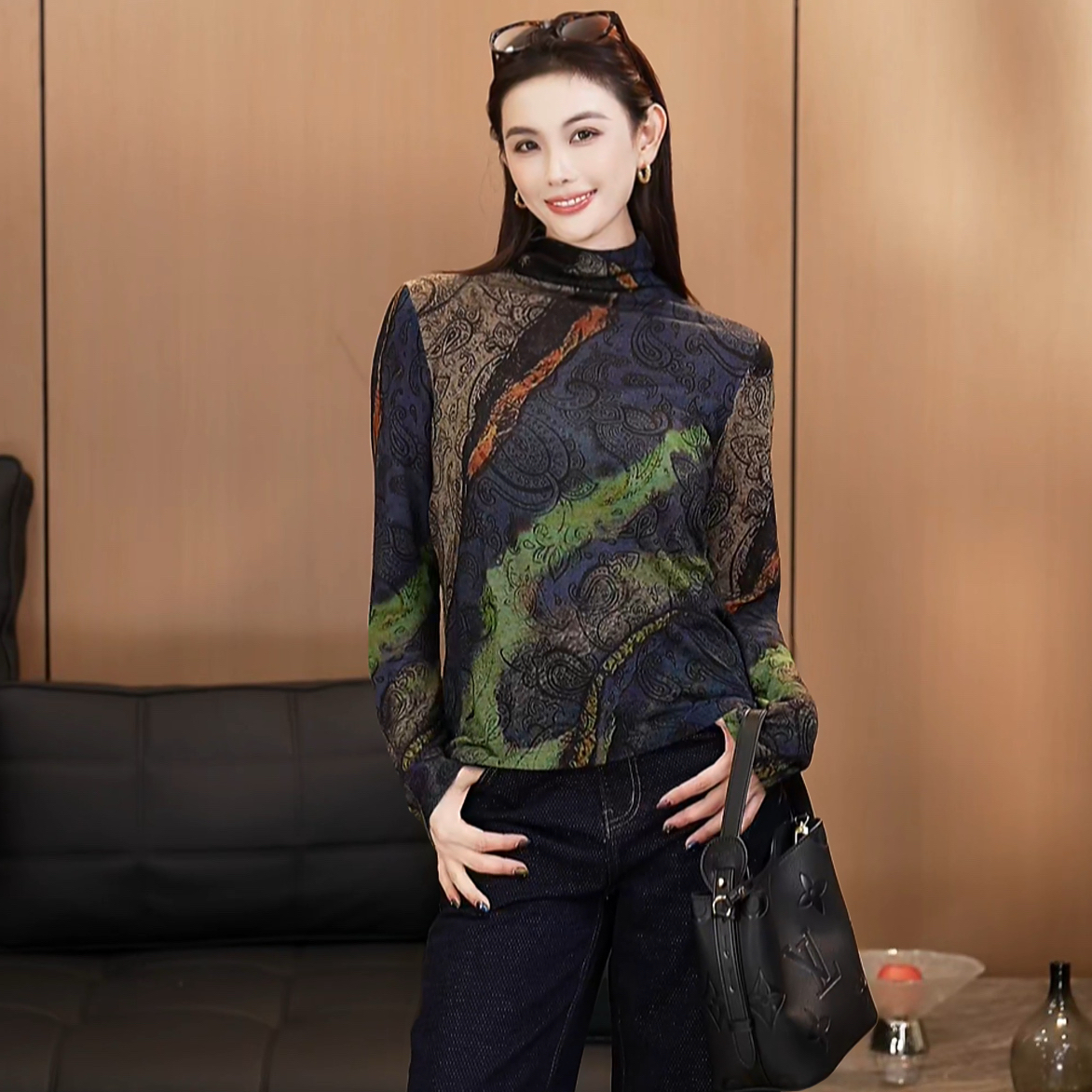 复古晕染花纹细腻100羊毛高领百搭长袖印花针织打底A051194
