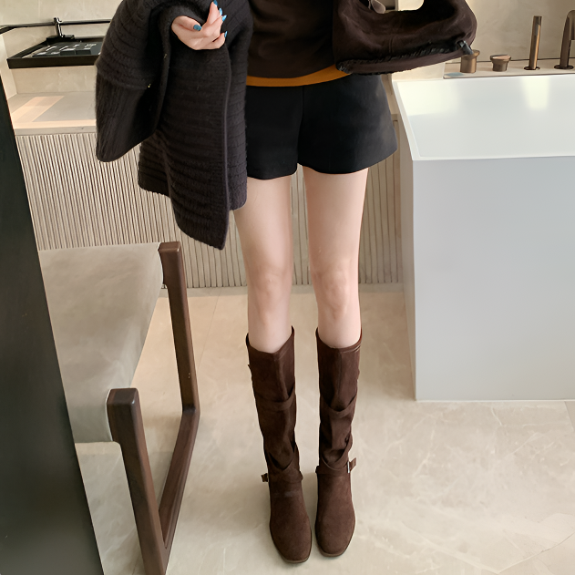 高跟靴子堆堆靴女交叉扣带中高筒西部靴骑士靴显瘦长靴长筒粗跟