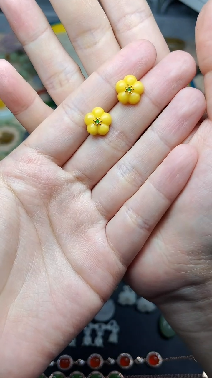 蜜蜡银S925镶嵌耳饰花花耳钉 06