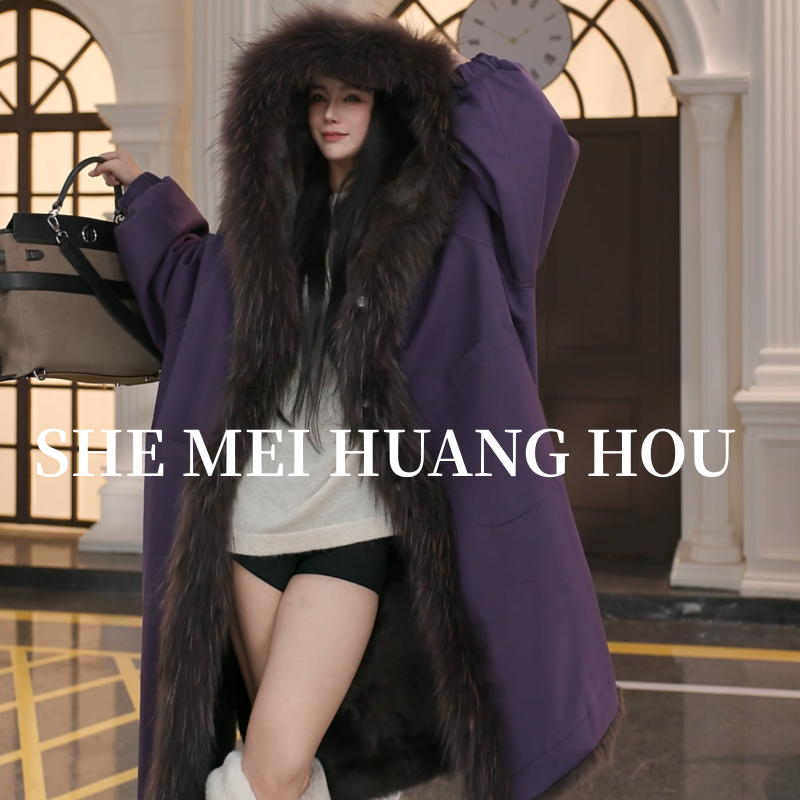 （烈焰冬日）原创貉子毛整皮兔毛皮毛一体双面穿长款带帽皮草25788