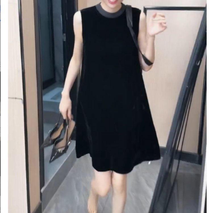 夏季无袖简约气质百搭宽松显瘦短款黑色连衣裙FJ90303