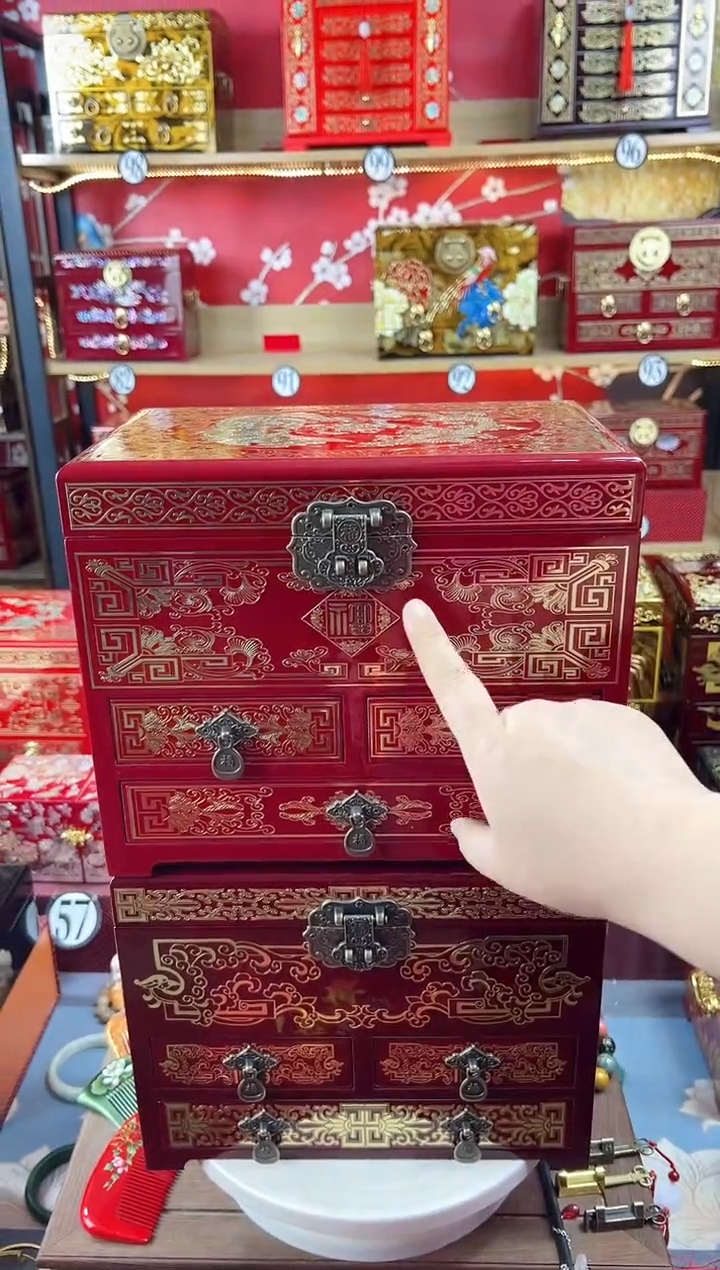 【闪购商品】28厘米新款四层三抽掐丝螺钿红酒色龙凤