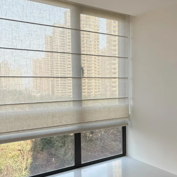 亚麻罗马帘简约日系升降帘茶室卷帘透光不透人定制民宿升降折叠帘