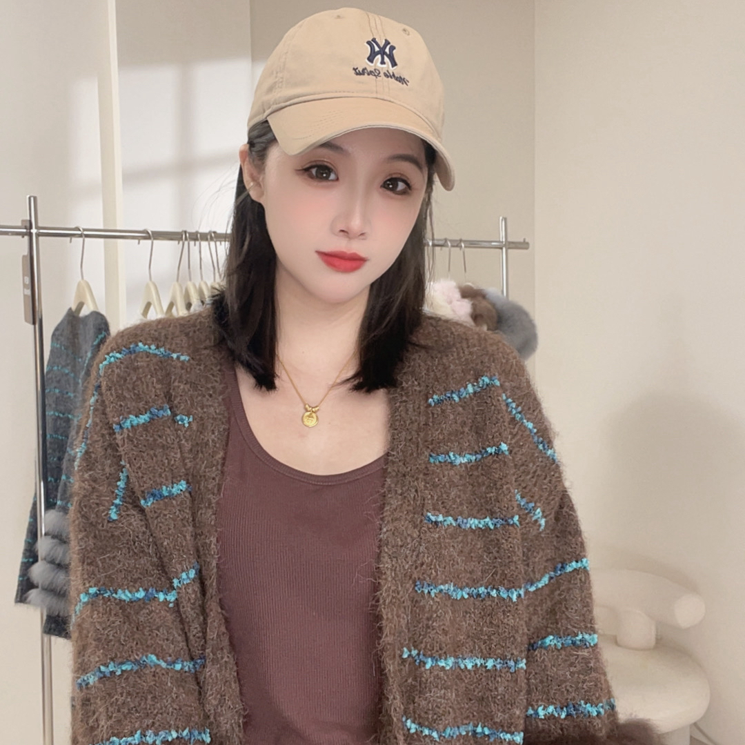 少女毛衣宽松型韩版狐狸毛针织衫开衫厚款外套条纹外搭开衫薄款