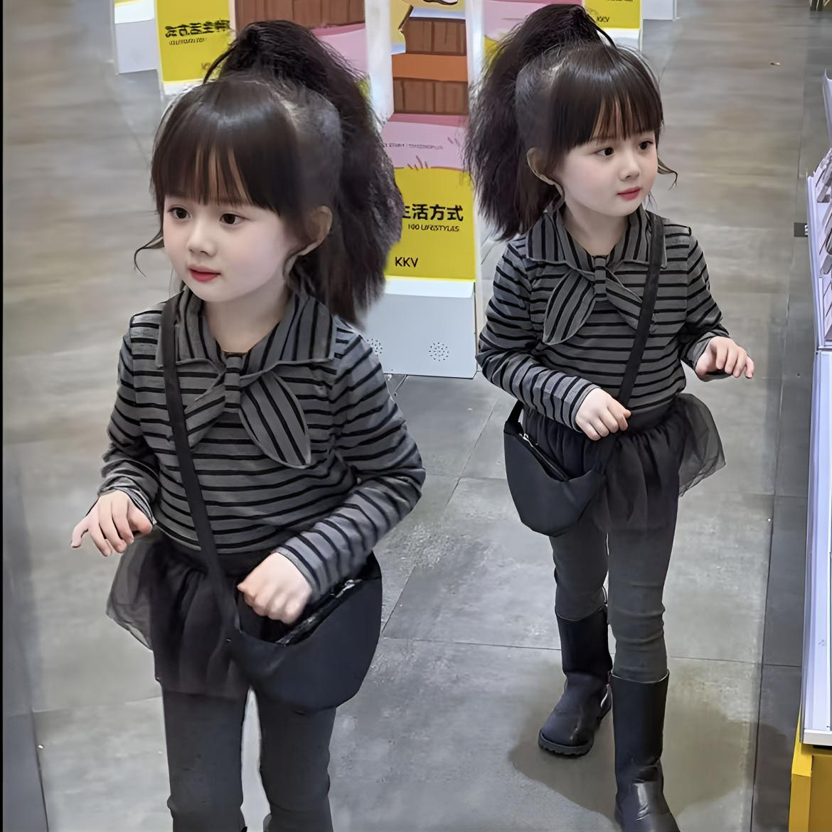 秋季新款蝴蝶结千金风女童长袖洋气打底衫上衣
