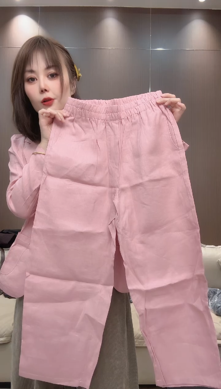 粉色亚麻裤子M码