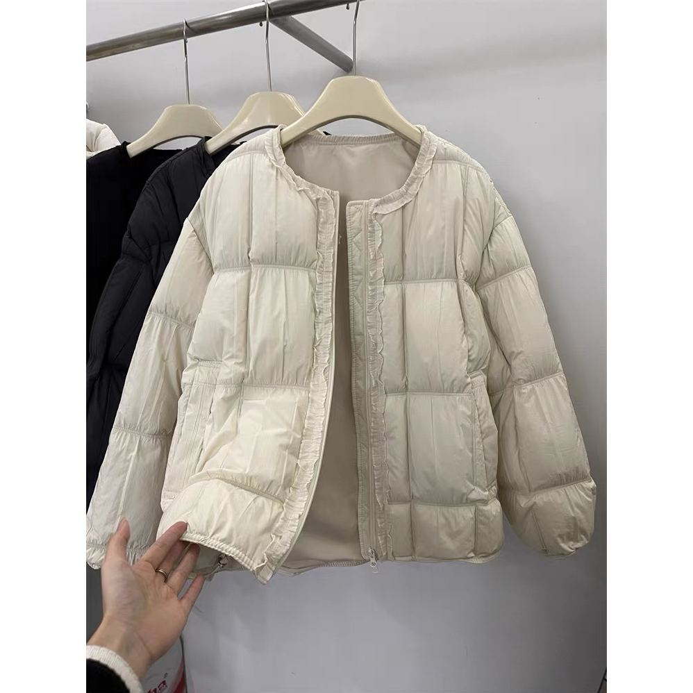 韩版高端花边短款棉服女2025冬季新款小个子圆领轻薄棉服外套