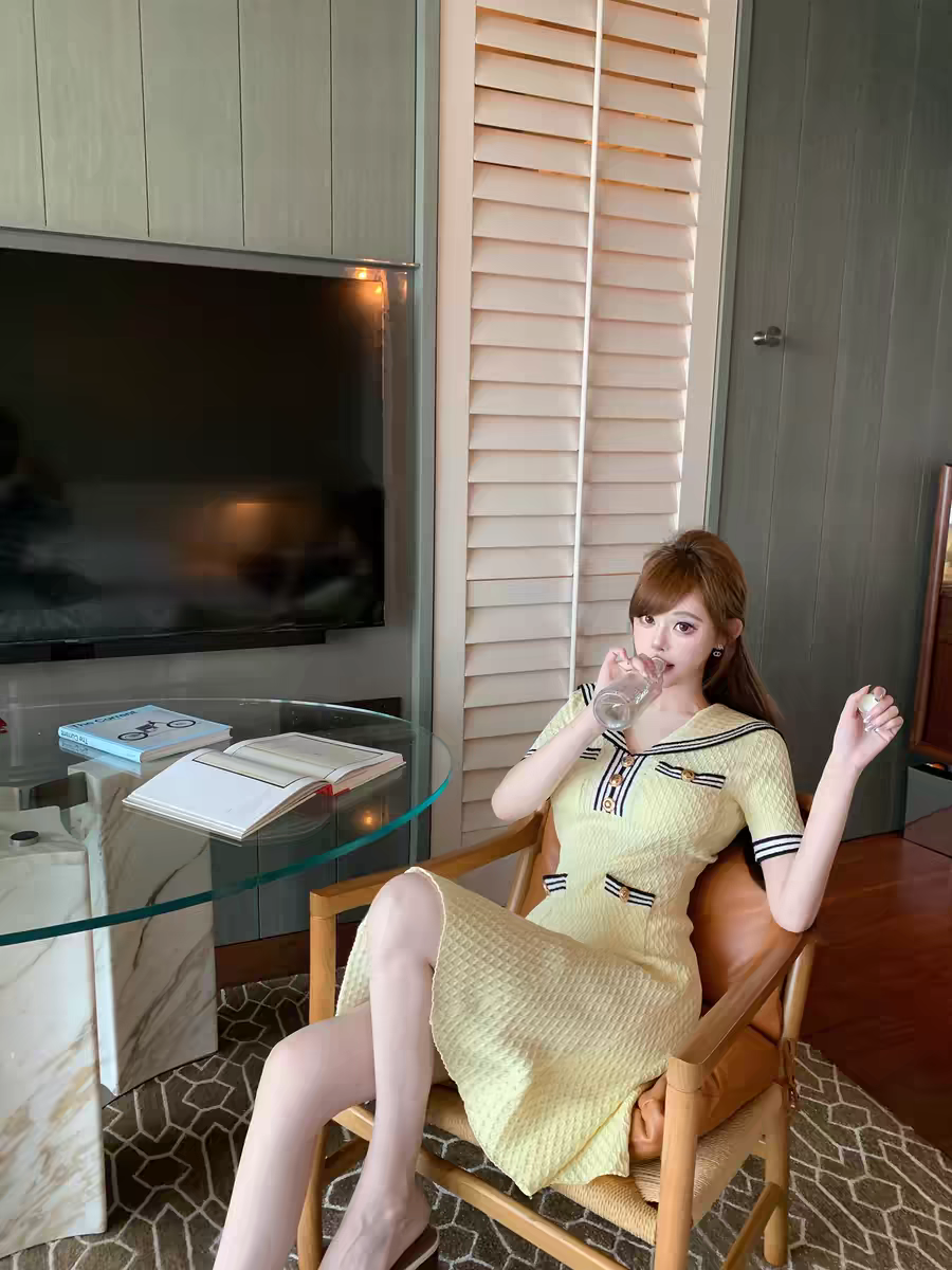 25新款春夏海军领小香风条纹撞色短袖针织短裙连衣裙