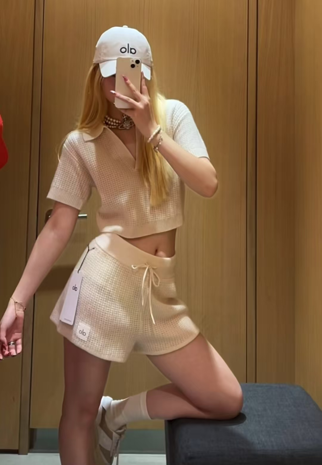 ALO   休闲时尚华夫格短裤套装女夏季新款针织羊绒