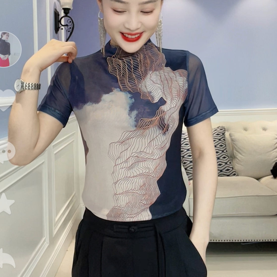 气质灰时尚大方印花网纱短袖T恤9105小衫打底夏季打底衫洋气提花
