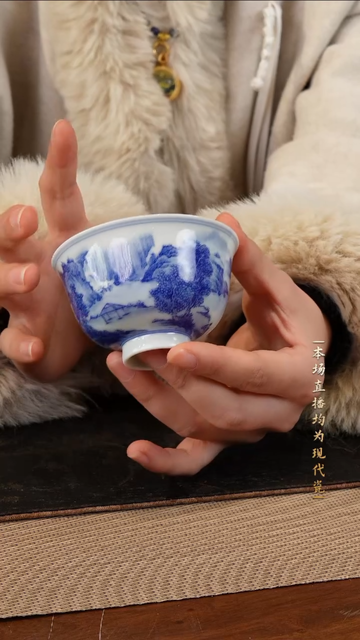 宁封窑手工手绘青花山水单杯