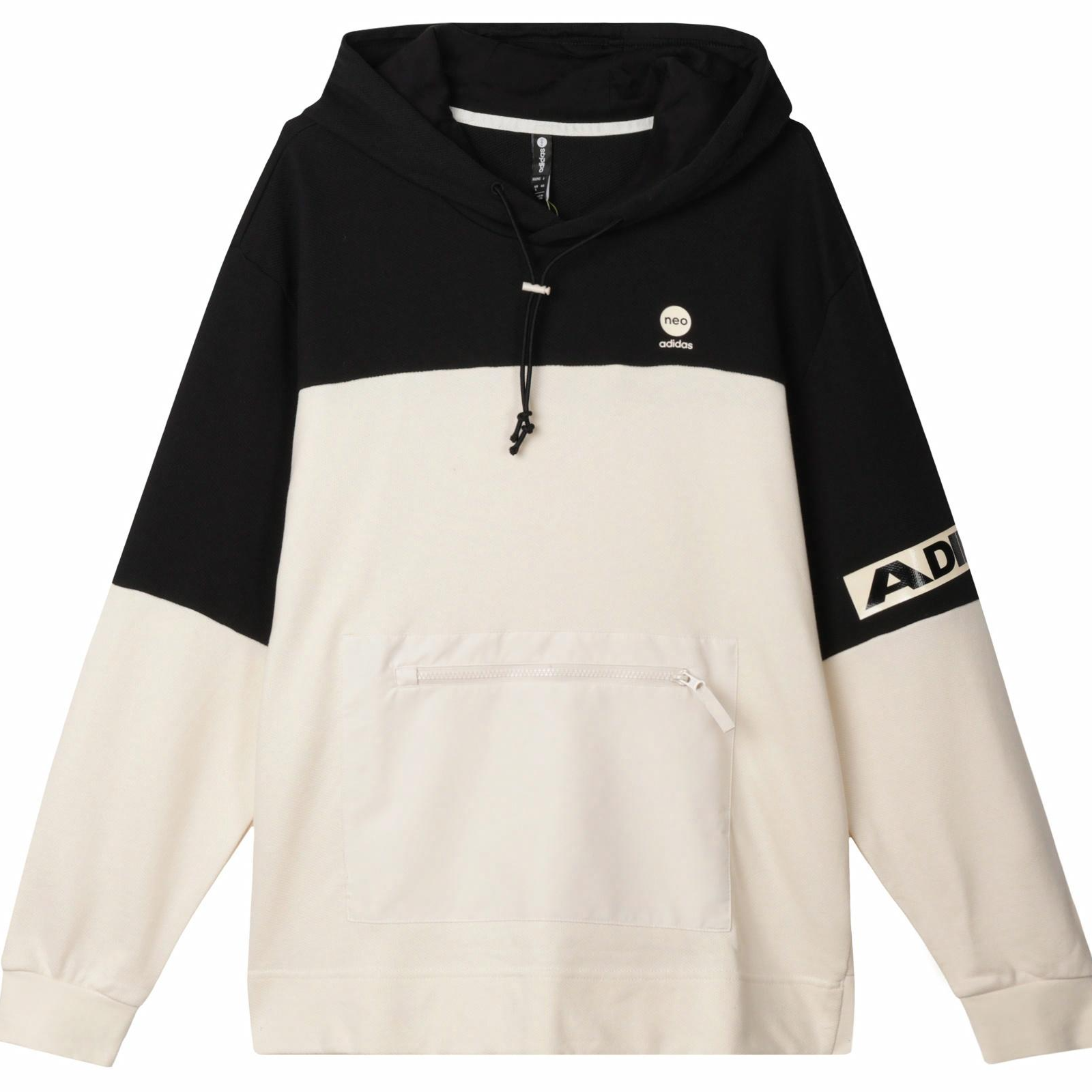 adidas neo休闲运动连帽套头美式复古拼色卫衣情侣款米白色HD7092