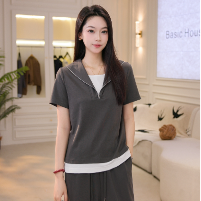 Basic House/百家好CSM夏季短袖简约休闲长裤套装夏