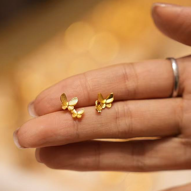 【巧玲专属】足金999拉丝蝴蝶系列比翼双飞耳钉 经典时尚百搭 1.3