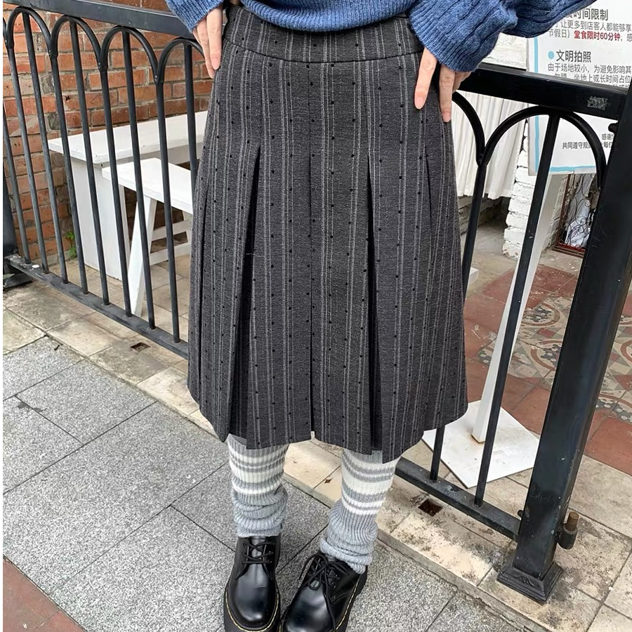 凤梨妹妹 灰色波点百褶裙女秋冬高腰长款半裙新款小个子半身裙