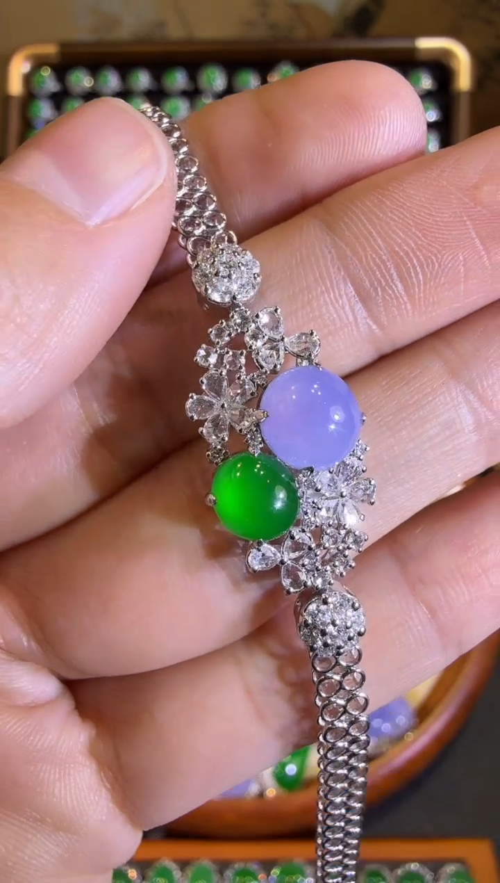 【闪购商品】翡翠手链18K金镶嵌龙石满紫蛋面