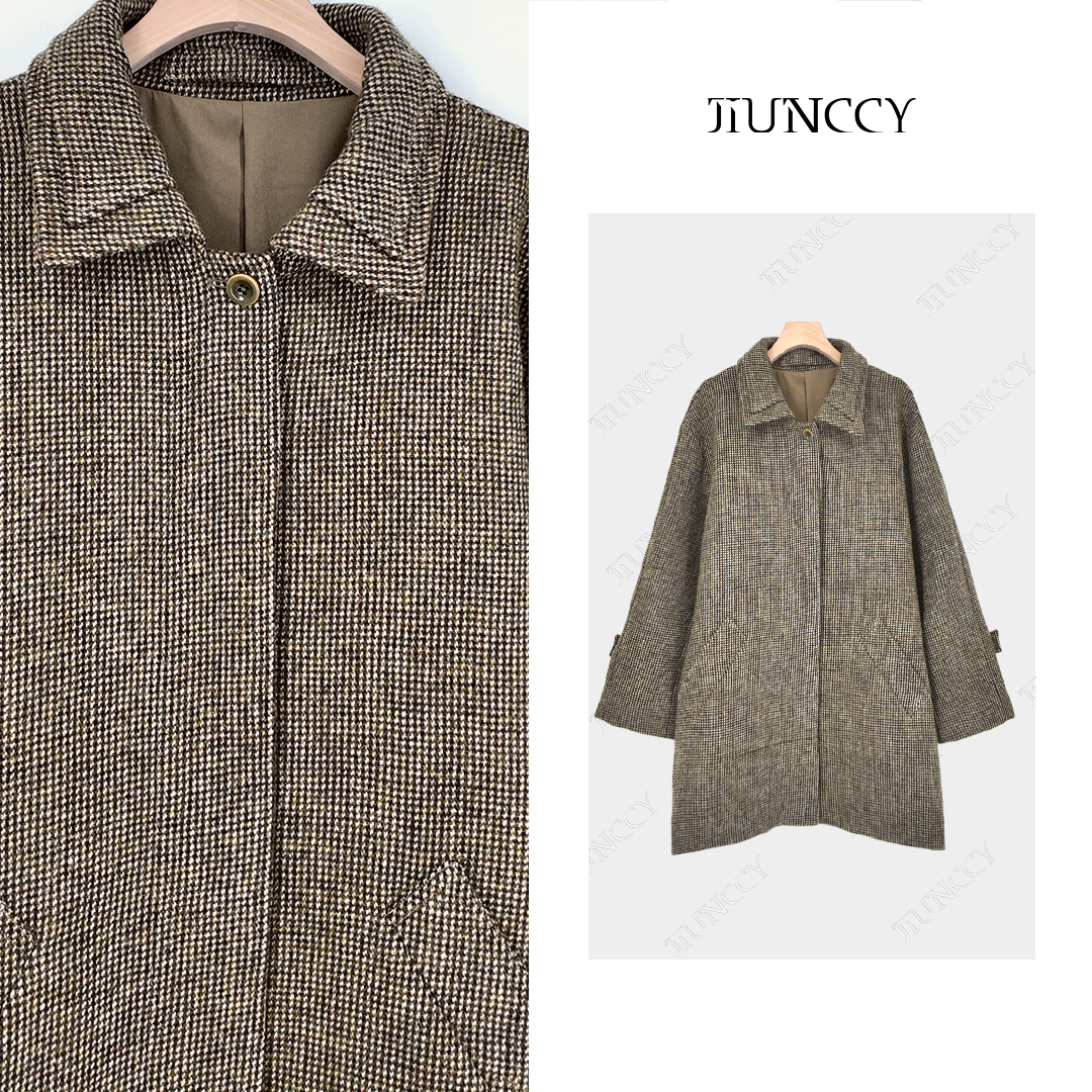 JIUNCCY【牛津】100羊毛肌理感小方格叠领暗门襟中长款大衣52YWT082