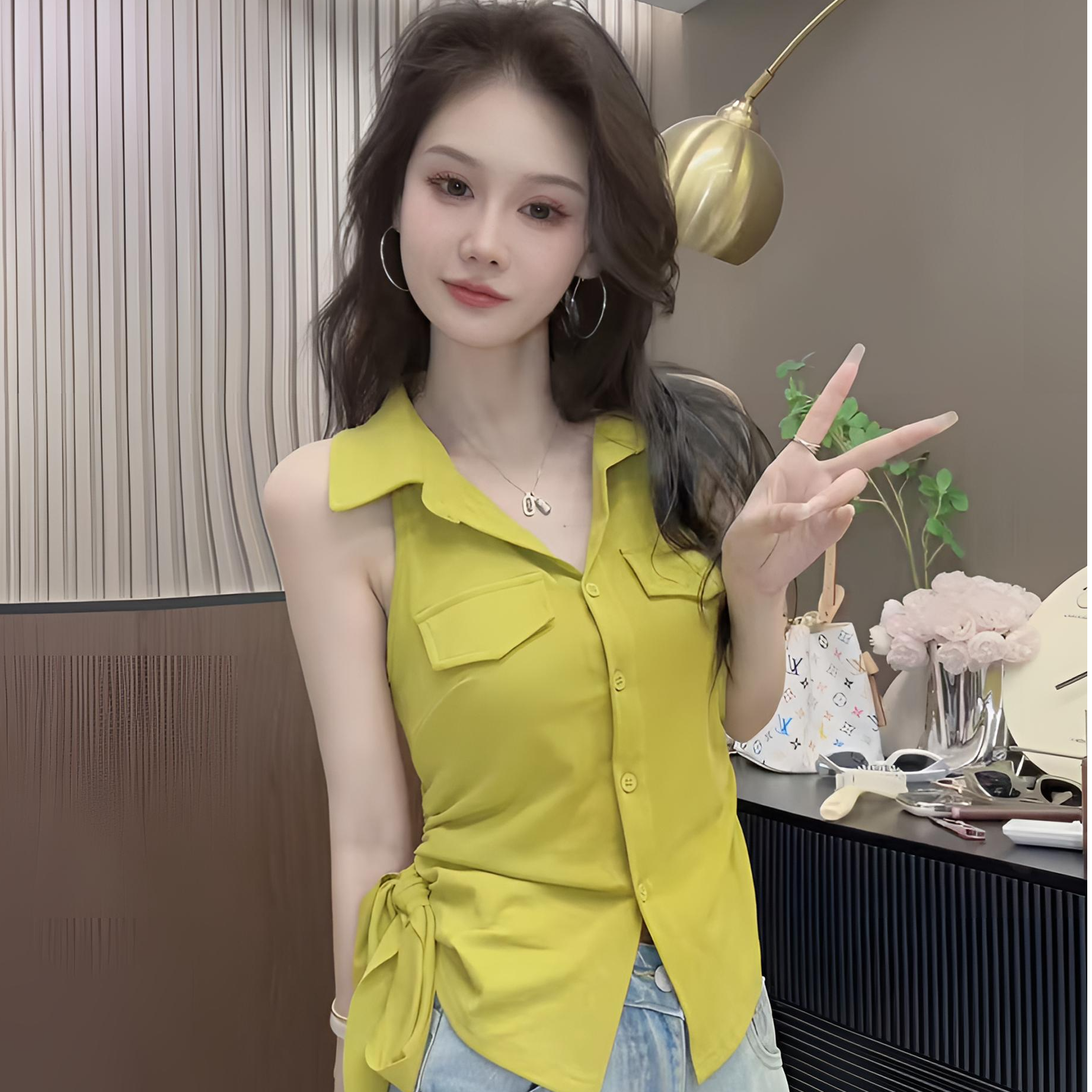 【DXJ家定制】夏季韩版翻领单排扣无袖修身显瘦百搭飘带背心1017