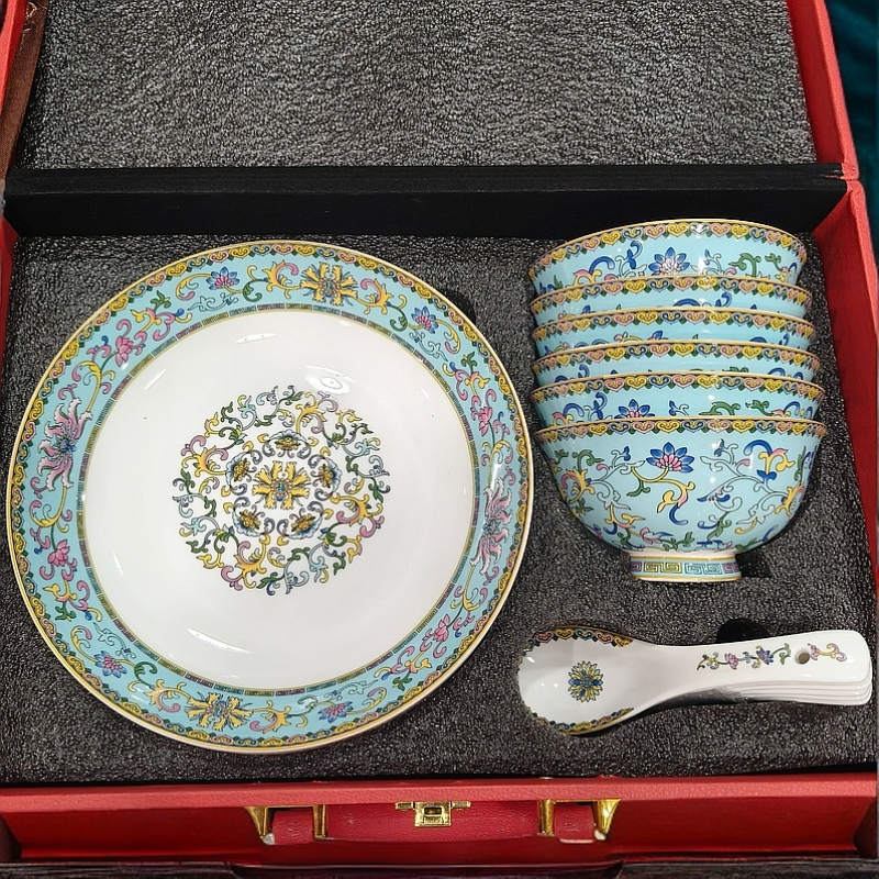 XD-DP-XD268318头珐琅彩湖蓝色餐具-景德镇文韵底款