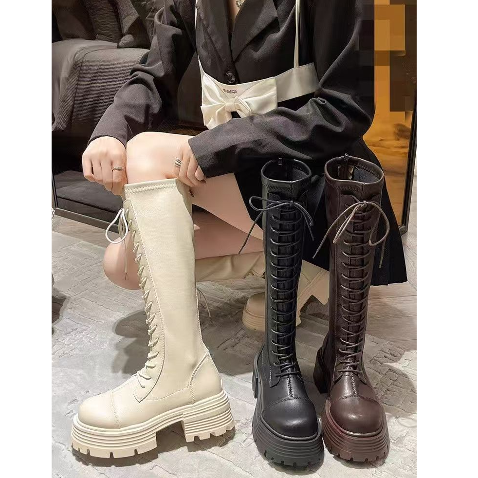 时尚英伦真皮系带厚底显瘦加绒长筒靴6203