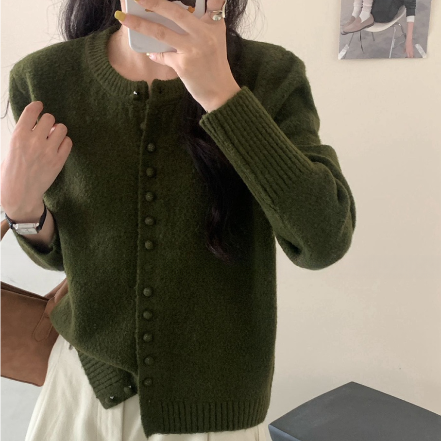 ‘’【JIN余】‘’保暖针织法式常规款厚款长袖毛衣短款绿色上衣韩版