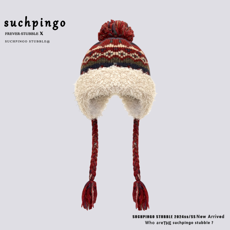 2025新款费尔岛风绑带毛绒雷锋帽女加厚保暖川西旅游防寒百搭休闲