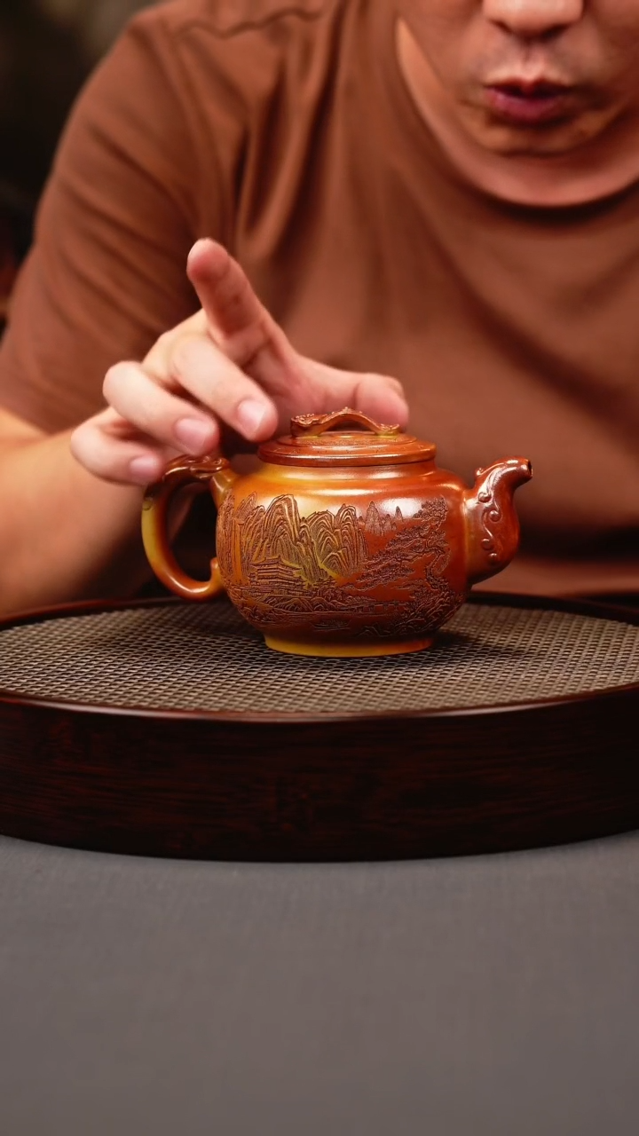 茶壶紫砂火云烧 如意鼓壶 刻绘