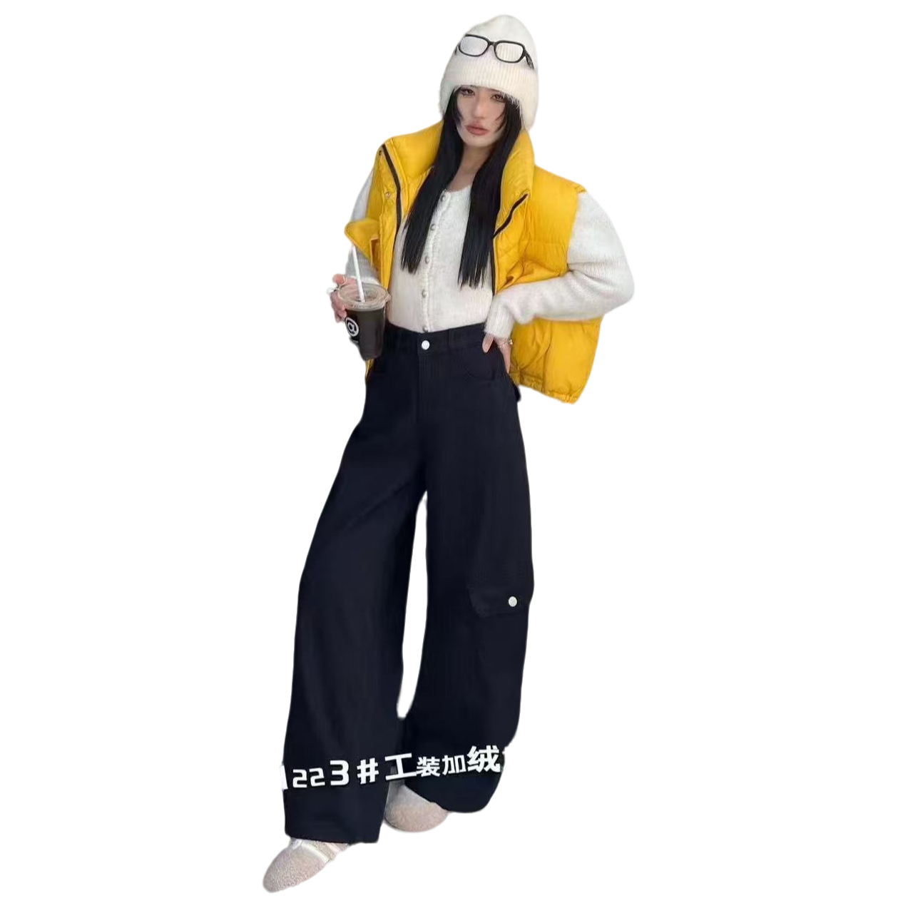 WENLA高腰个性弹力加绒工装裤