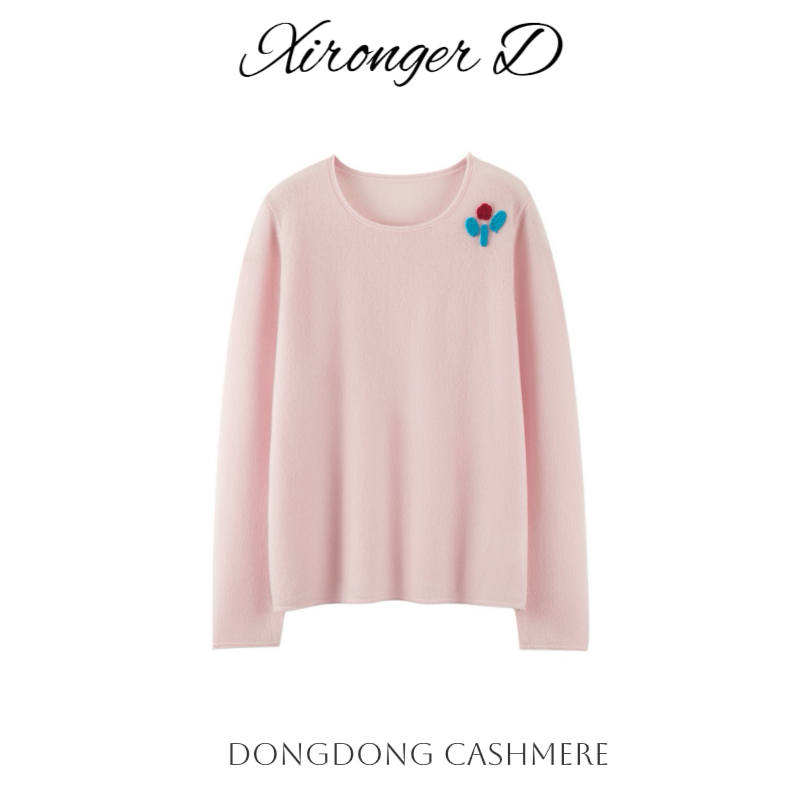 【XRE   100山羊绒】Baby小山羊绒圆领撞色小花刺绣云柔羊绒套衫