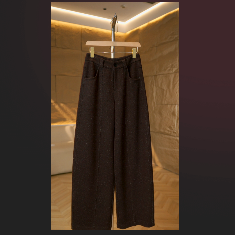 2025冬季新款设计轻奢高定羊毛拉毛窄版直筒阔腿裤高腰休闲女裤