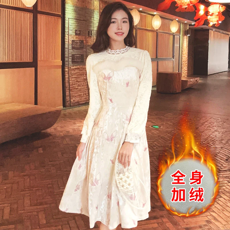 苏陌法式复古小个子高级感提花加绒加厚连衣裙女装