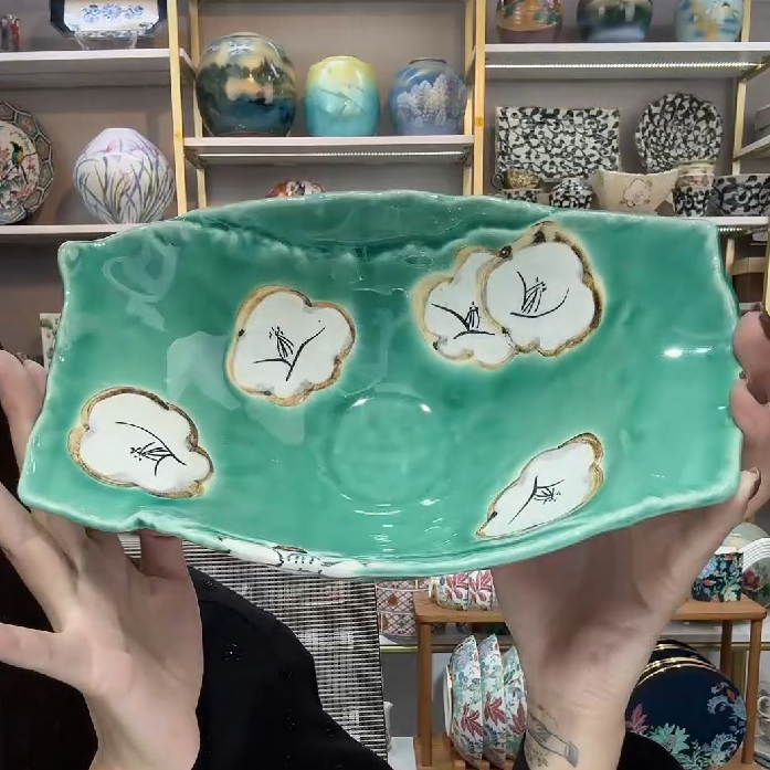 新品三【单支】日本进口濑户烧织部山茶花船钵24.5cm×15.5cm