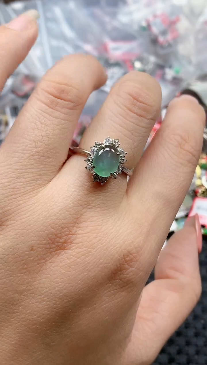 银S925镶嵌戒指翡翠天然A货缅甸翡翠