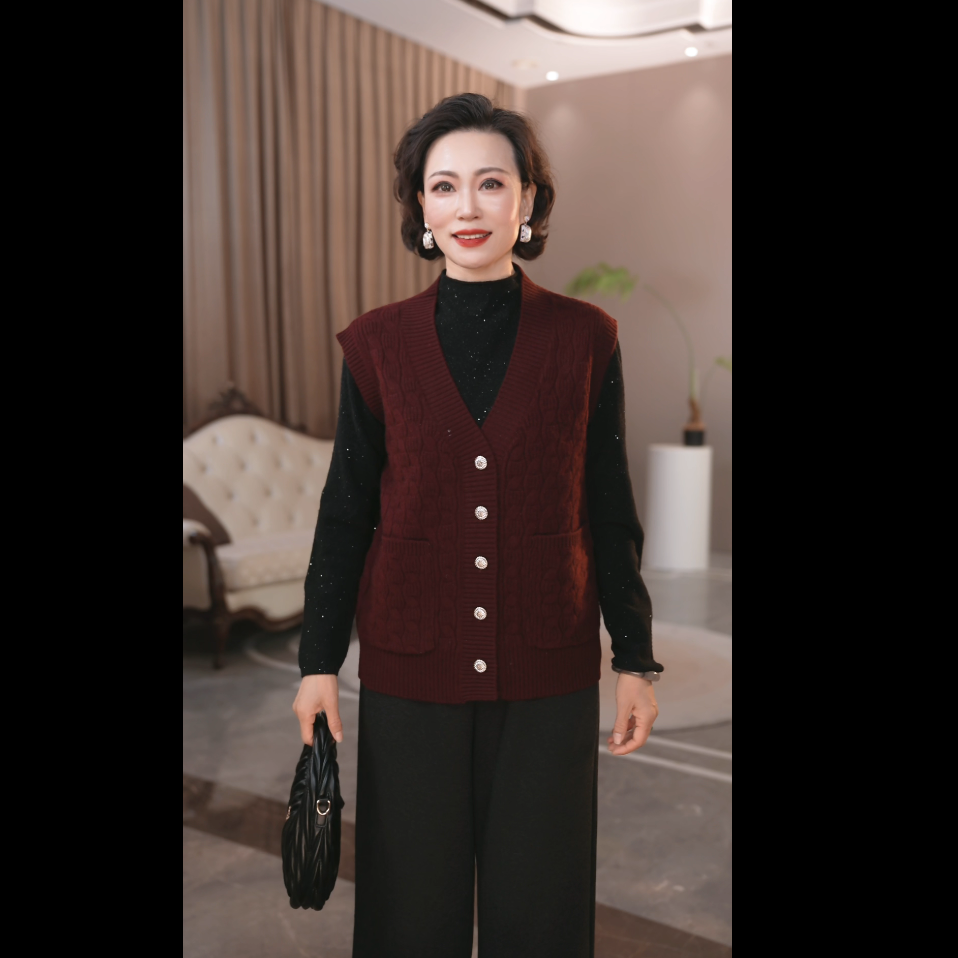 100%纯羊毛新款妈妈装春秋中式气质时尚提花马甲针织百搭毛衣