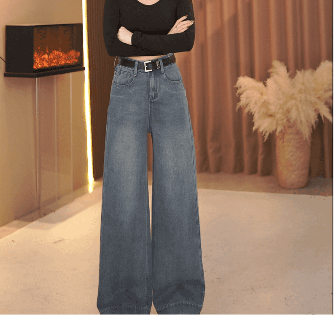 【送腰带】25年夏季新款高腰A字版复古阔腿微喇拖地牛仔裤法国蓝X15