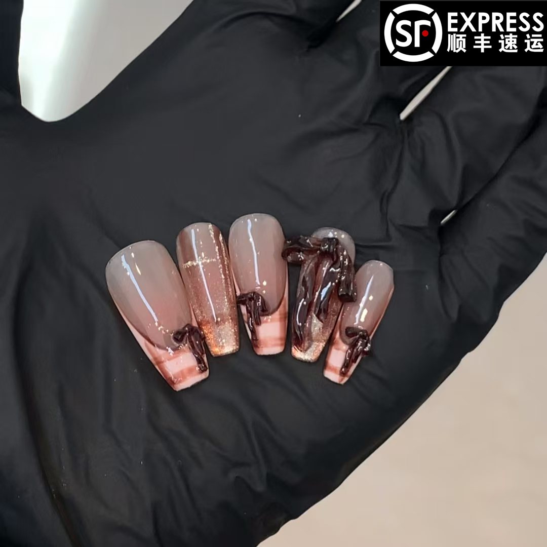 【沙屿粉棕】纯手工制作气质百搭双色渐变可拆卸穿戴甲