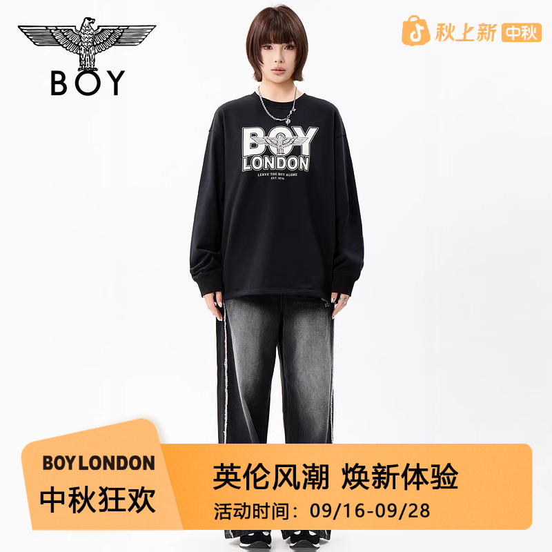 BOYLONDON情侣装早秋潮牌卫衣圆领套头百搭印花宽松上衣N03910