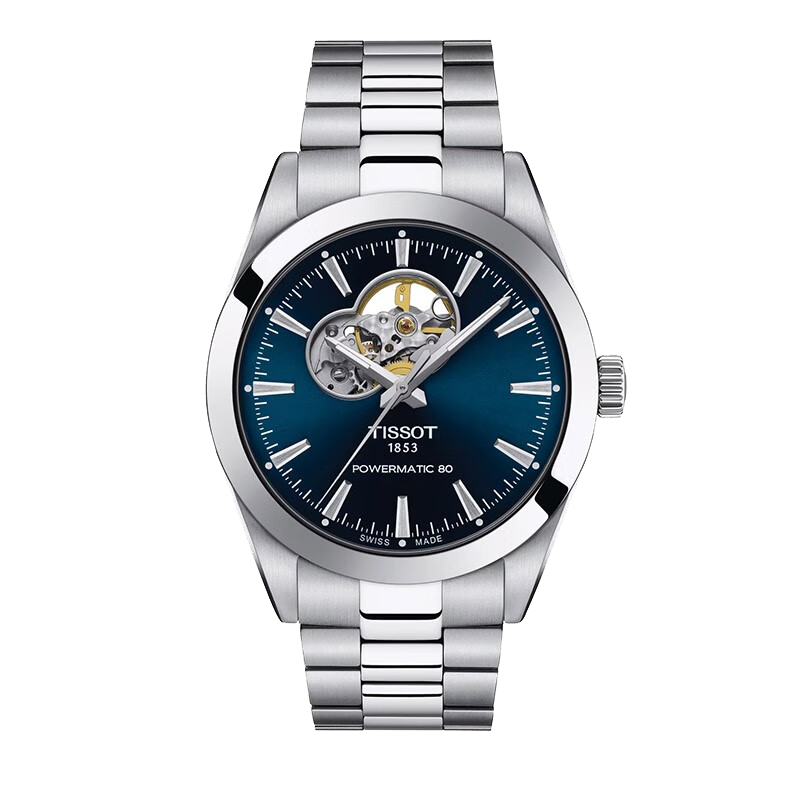 99新 Tissot/天梭 风度系列80机械机芯镂空盘镂空蓝盘钢带