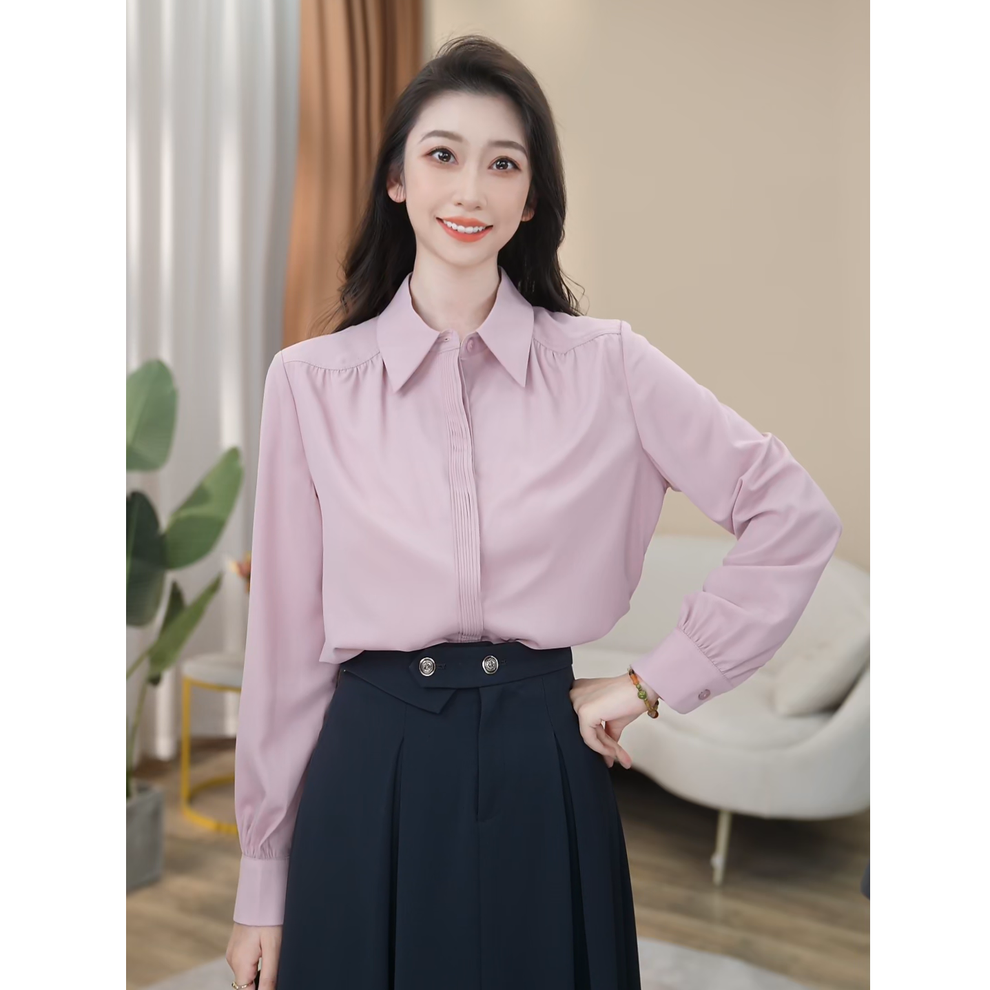 【曼贝】长袖衬衫女高级感春秋新款气质宽松显瘦职业8393136【甜甜】