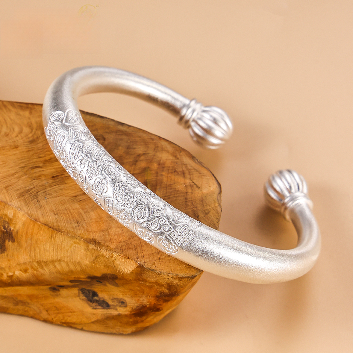 中国珠宝 足银手镯 999古法南瓜吉言中式磨砂亮光面百搭实心手镯