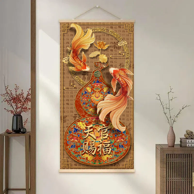 招财福禄天官赐福中式手工竹编挂画茶室玄关书房客餐厅装饰竹挂画