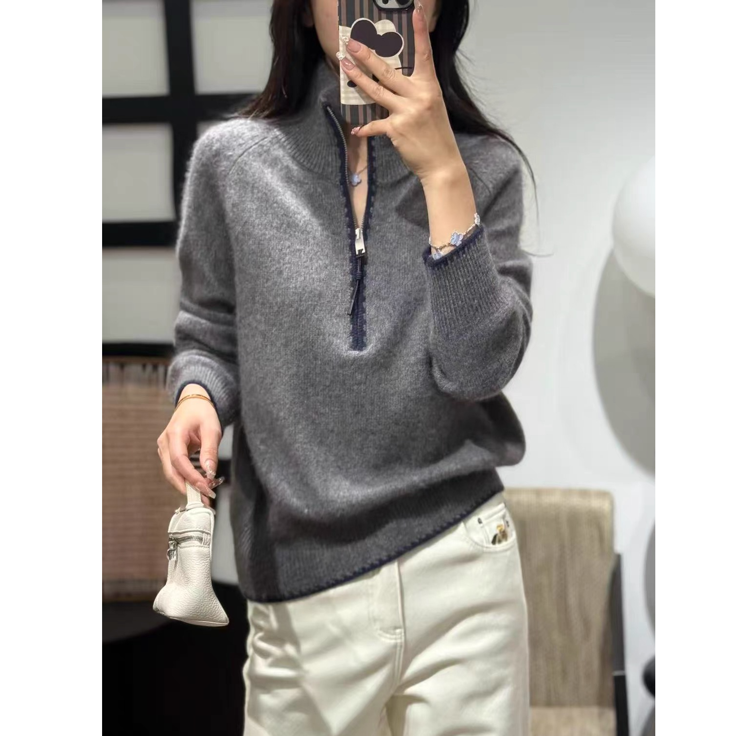 【运费补贴】【半拉链】女北欧风打底立领毛衣针织衫套头显瘦外套