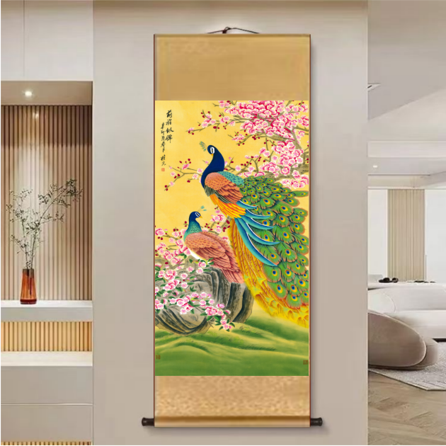 【孔雀·前程似锦】140*45新中式竖幅实木卷轴画客厅书房茶室挂画