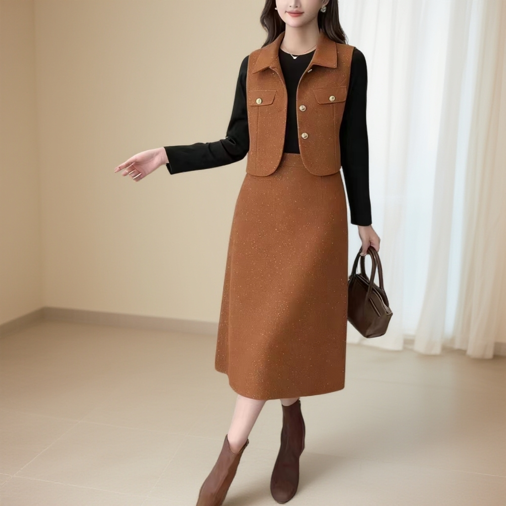 2025冬季新款【三件套】带兜亮闪毛呢半裙+毛呢马甲+上衣136*