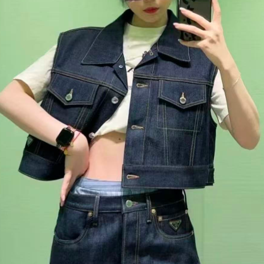 未使用 Prada/普拉达 缝线Logo徽标单排扣短款无袖牛仔外套