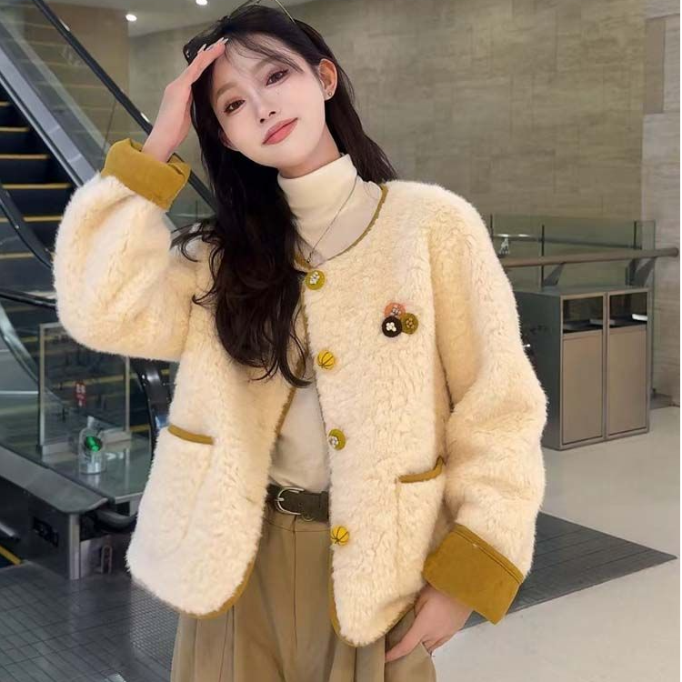 圆领短外套秋冬休闲风皮毛一体法式长袖撞色宽松显瘦百搭上衣女